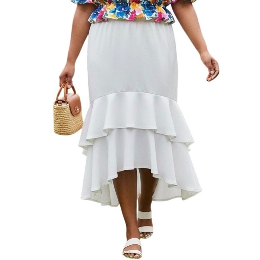 Vintage 80s White High Low Ruffle Skirt Elastic Waist Sz XL